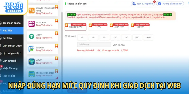 Nạp Tiền RR88 3 Nhập đúng hạn mức quy định khi giao dịch tại web